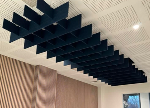 Sound absorbing polyester grid fitted in black and Ivory